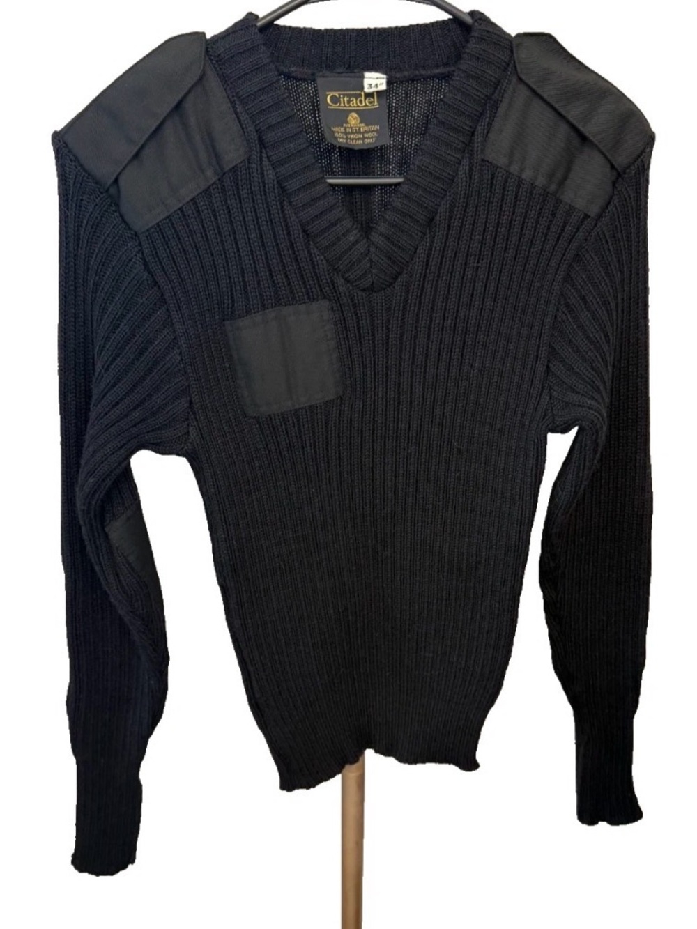 VTG Citadel Black Military V-Neck Sweater (Wooly Pully) Men’s Medium Epaulets